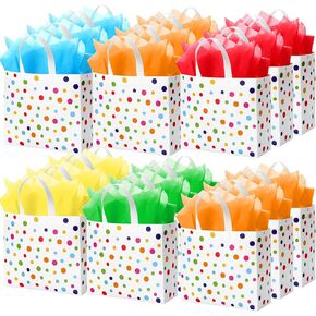 Wesnoy 20 Pack Rainbow Polka Dot Reusable Gift Bags 12" Large Birthday Party Favor Tote with Handle and Tissue Paper Non Woven Goodie Bags for Christmas Wedding Party Supplies