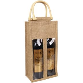 Eco-Friendly Burlap Jute Wine Bottle Tote with Cane Handle Gift Packaging for Holidays (Three Bottles)