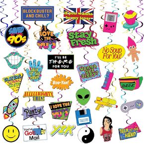 32 Piece 90s Party Hanging Swirls Decorations, Throwback 1990s Themed Party Supplies and Favors