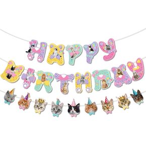 TSJ Cat Happy Birthday Banner, Cat Faces Banner, Cat Bunting Garland for Kitty Theme Birthday Party Baby Shower