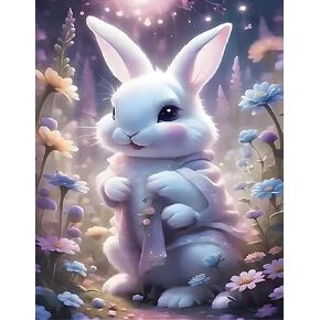 CLAKINLA Cute Bunny Diamond Art Painting Kits for Adults, 5D Easter Bunny Diamond Art Painting Kits for Beginners, Flowers Diamond Art Painting Rabbit Diamond Dots Painting 12x16inch