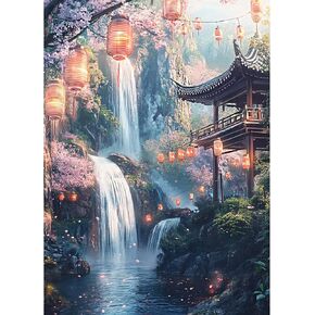 AIRDEA Diamond Art Paintings Kits for Adults,Landscape Diamond Art Kits for Adults,12x16 Inch DIY Diamond Art Paintings Kits Waterfall and Lantern,Diamond Art Painting Set for Beginner