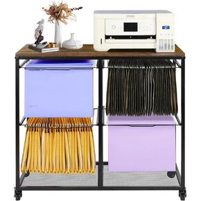3 Tier Large Printer Stand, Mobile Printer Cart with 4 Pull-Out File Folder Rack, Rolling File Cart on Lockable Wheels for Printer/A4/Letter Legal Size, Black