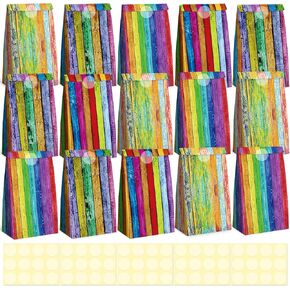 VGOODALL 54PCS Wood Grain Party Favor Bags with Stickers, 4.7x3.1x8.7 Inch Treat Bags for Baby Showers, Birthday Celebrations, Gift Wrapping