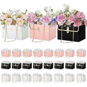 LIJINGCHEN 24 Pcs Cute Paper Flower Gift Box,Bags for Flowers Arrangements,Florist Flower Boxes with Metal Chain and 40 Tissue Papers,Gift Wrap for Flower Boxes for Birthday Wedding Graduation