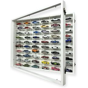SpaceApe Wall Mount Display Case for Hot Wheels, with Dust Resistant Door, Acrylic Shelves, 1/64 Scale Diecast Model Cars Display Storage Organizer Case, White and Black, Stores up to 60 Cars (White)