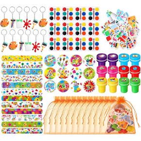 Seajan 122 Pcs Paint Party Favors Set Mini Watercolor Paint Set Slap Bracelets Art Painting Key Chains Button Badges Stampers Tattoo Stickers Gift Bags for Art Birthday Party Favors Classroom Supplies