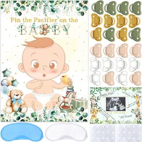 Pin the Pacifier on the Baby Shower Games Sage Green Baby Shower Decorations with Poster 24 Pacifier Stickers 2 Blindfold Guest Sign Book for Baby Shower Games Decorations Favors Party Supplies