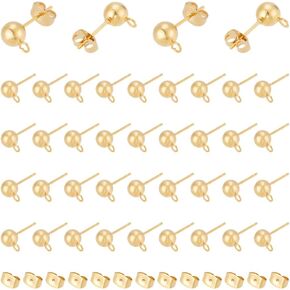 UNICRAFTALE 30pcs Gold Ball Post Stud Earrings Stainless Steel Stud Earring Post with Loop Ear Nut Metal Earring Post Findings with Ear Nuts for DIY Dangle Jewelry Making Findings