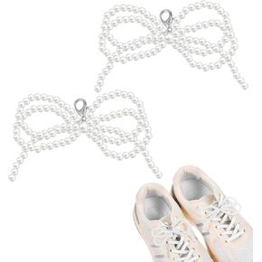 2 Pcs Pearls Bow Shoe Charms, Decoration Charms For Dress Shoes Buckle Pearl Beaded Chain DIY Sneakers Accessories Shoe Laces