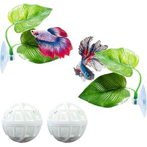 2pcs Aquarium Betta Leaf Hammock to Rest with 2 pcs Nitrifying Ball, Betta Hammock Leaf Stimulating The Natural Habitat for Spawning Breeding, Aquatic Resting Bed Hammock, Fish Tank Decor (Betta Leaf)