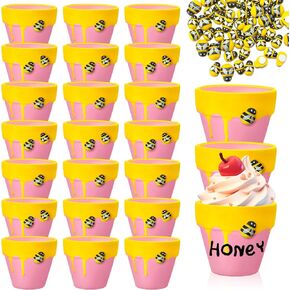 Yungyan 24 Pack Mini Honey Bee Pots مع سحر نحلة لكب كيك الغراس سيراميك عسل الجرار لضيوف استحمام الطفل حفل زفاف أول عيد ميلاد الحفلات (النمط الكلاسيكي)