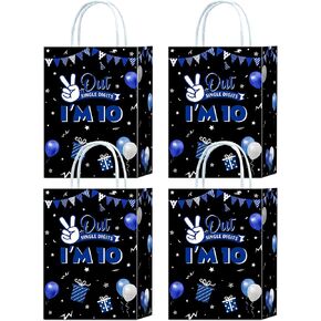 16 Pieces Out Single Digits I'm 10 Birthday Party Favors Bags,Blue and Black 10th Birthday Gift Snacks Treat Candy Party Favors Bags with Handles for Boys Girls 10th Birthday Party Decorations
