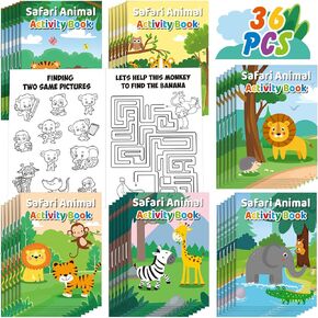 Sinmoe 36 Pcs Safari Animals Mini Activity Books for Kids DIY Game Books Set with Lion Tiger Giraffe Patterns Party Favors Fun Classroom Gifts Goody Bag Filler Teachers Daycare Prize