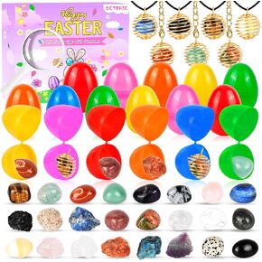 24 Pcs Easter Basket Stuffers, Prefilled Easter Eggs with Gemstone Crystals Natural Crystal and Rock Stones Collection Set Easter Party Favors for Egg Hunt Kids Classroom Prize Supplies