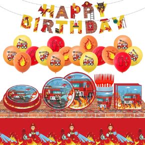 118PCS Firetruck Birthday Party Decorations Firefighter Party Tableware Set Kids Boys Fire Truck Birthday Party Supplies Fire Truck Plates Napkins Cups Forks Knives Tablecloth Banner Serve 20