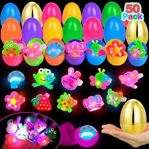 Turnmeon [2 Golden Eggs 50 Pack Easter Basket Stuffers for Kids ، 50 Easter Easter Eggs With 50 LED LID UP Rings Glow in the Dark Easter Eggs Game Game Easter Party Party Gower
