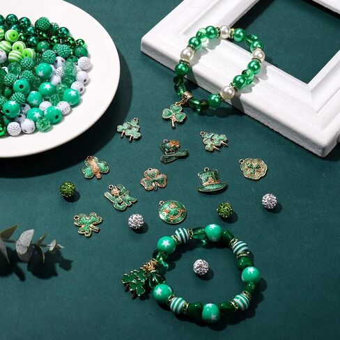 1600PCS+ St.Patrick’s Day Beads for Jewelry Making, Green Polymer Clay Beads Assorted Rhinestone Crystal Acrylic Beads Spacer Beads Shamrock Charms for Bracelet Necklace Making DIY Crafts Gifts in Kuwait