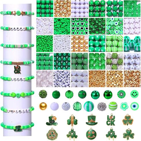 1600PCS+ St.Patrick’s Day Beads for Jewelry Making, Green Polymer Clay Beads Assorted Rhinestone Crystal Acrylic Beads Spacer Beads Shamrock Charms for Bracelet Necklace Making DIY Crafts Gifts in Kuwait