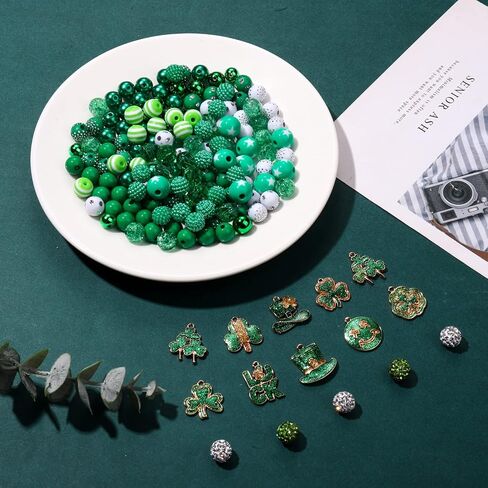 1600PCS+ St.Patrick’s Day Beads for Jewelry Making, Green Polymer Clay Beads Assorted Rhinestone Crystal Acrylic Beads Spacer Beads Shamrock Charms for Bracelet Necklace Making DIY Crafts Gifts in Kuwait
