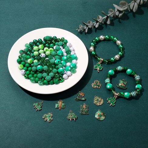 1600PCS+ St.Patrick’s Day Beads for Jewelry Making, Green Polymer Clay Beads Assorted Rhinestone Crystal Acrylic Beads Spacer Beads Shamrock Charms for Bracelet Necklace Making DIY Crafts Gifts in Kuwait