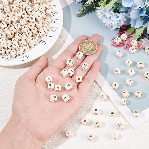 Olycraft 1000pcs 8mm alphabet الخرز الخشبي أحرف عشوائية حبات خشبية مربعة خشبية فضفاضة الخرز المكعب الطبيعي مع رسالة أولية لصنع المجوهرات وحرف DIY in Kuwait