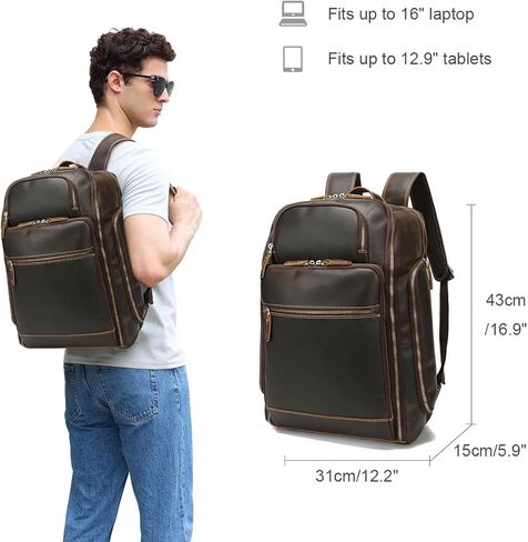 Vintage Genuine Leather Large Backpack For Men Rucksack Handbag Travel Daypack Fits 16" Laptop in Saudi Arabia