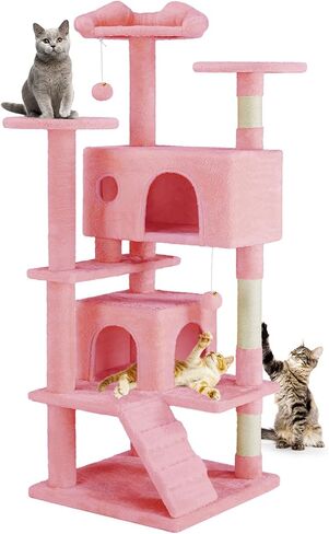 DUMOS 54-inch Indoor Cat Tree Tower –Multi-Level Pet House for Large Cats with 2 Condos, Scratching Posts, Round Platform, Small Ladder, and Toys, Beige in Kuwait