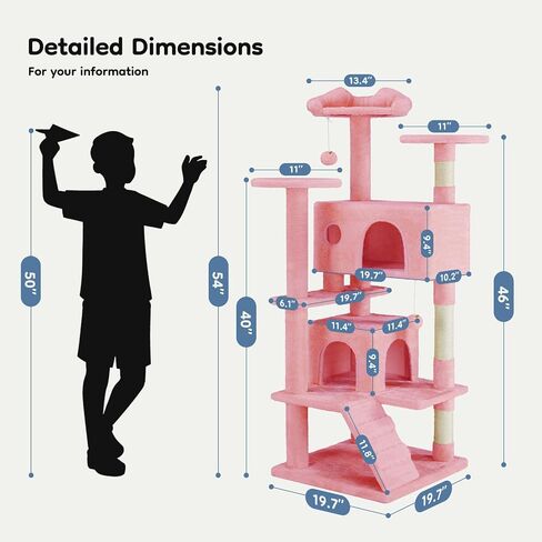 DUMOS 54-inch Indoor Cat Tree Tower –Multi-Level Pet House for Large Cats with 2 Condos, Scratching Posts, Round Platform, Small Ladder, and Toys, Beige in Kuwait