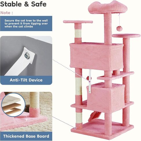DUMOS 54-inch Indoor Cat Tree Tower –Multi-Level Pet House for Large Cats with 2 Condos, Scratching Posts, Round Platform, Small Ladder, and Toys, Beige in Kuwait