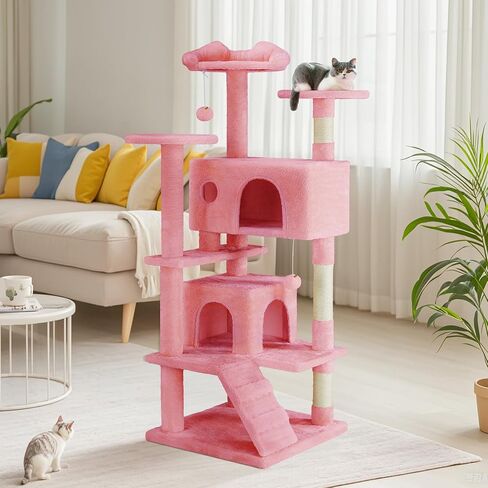 DUMOS 54-inch Indoor Cat Tree Tower –Multi-Level Pet House for Large Cats with 2 Condos, Scratching Posts, Round Platform, Small Ladder, and Toys, Beige in Kuwait