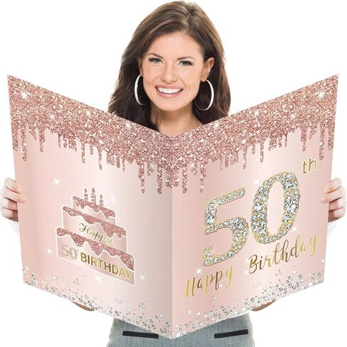 Large 50th Birthday Card With Envelope, Jumbo 50 Birthday Guest Book Greeting Cards for Women, Extra Big 50 Year Birthday Card Gifts Party Supplies，Pink Rose Gold Giant Happy 50 Birthday Card in Saudi Arabia