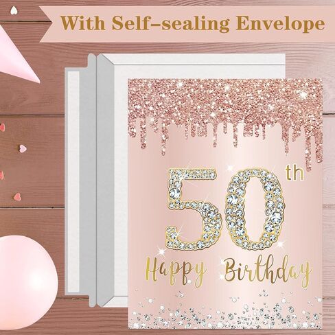 Large 50th Birthday Card With Envelope, Jumbo 50 Birthday Guest Book Greeting Cards for Women, Extra Big 50 Year Birthday Card Gifts Party Supplies，Pink Rose Gold Giant Happy 50 Birthday Card in Saudi Arabia