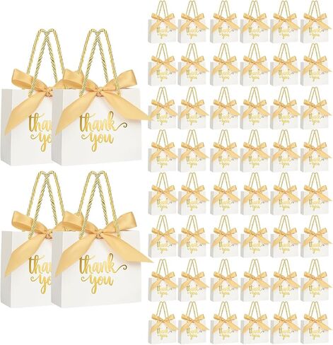 NIMBBEX 50PACK شكرًا لك حقائب الهدايا مع مقابض ، حقائب تفضيل الحفلات 5.5x2.3x4.7 بوصة أكياس هدايا بيضاء صغيرة مع مقابض ، أكياس حلوى صغيرة من الورق مع شريط ذهبي لحفل الزفاف استحمام الطفل in Kuwait