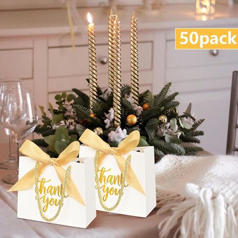 NIMBBEX 50PACK شكرًا لك حقائب الهدايا مع مقابض ، حقائب تفضيل الحفلات 5.5x2.3x4.7 بوصة أكياس هدايا بيضاء صغيرة مع مقابض ، أكياس حلوى صغيرة من الورق مع شريط ذهبي لحفل الزفاف استحمام الطفل in Kuwait