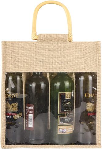 Eco-Friendly Burlap Jute Wine Bottle Tote with Cane Handle Gift Packaging for Holidays (Three Bottles) in Saudi Arabia