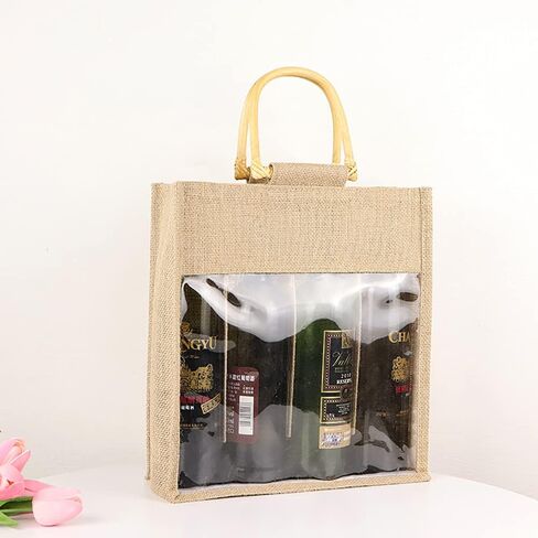 Eco-Friendly Burlap Jute Wine Bottle Tote with Cane Handle Gift Packaging for Holidays (Three Bottles) in Saudi Arabia