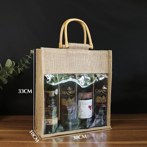 Eco-Friendly Burlap Jute Wine Bottle Tote with Cane Handle Gift Packaging for Holidays (Three Bottles) in Saudi Arabia