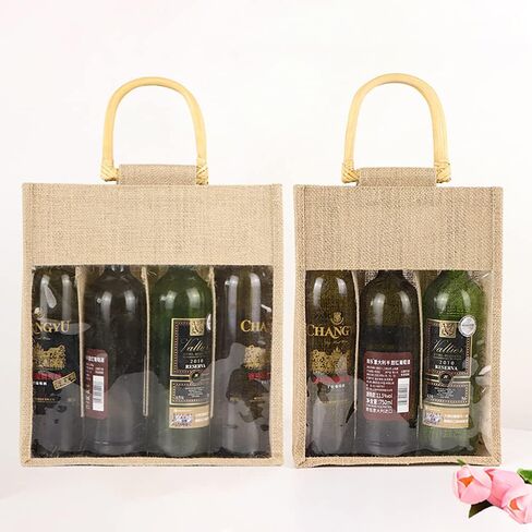 Eco-Friendly Burlap Jute Wine Bottle Tote with Cane Handle Gift Packaging for Holidays (Three Bottles) in Saudi Arabia