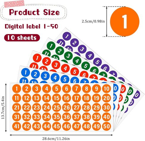 10 Sheets 1 to 50 Number Stickers Colorful Vinyl Consecutive Numbers Stickers 1 Inch Round Tiny Number Stickers Decal for Indoor and Outdoor Waterproof Labels Self Adhesive Number Inventory Stickers in Kuwait