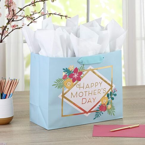 Hallmark 9" Medium Mother's Day Gift Bag with Tissue Paper (Navy Blue with Pink and Orange Flowers) in Saudi Arabia