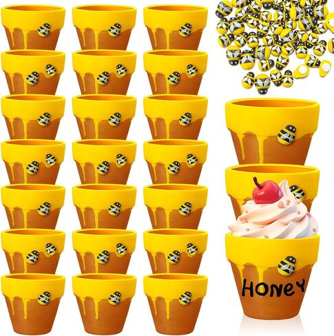 Yungyan 24 Pack Mini Honey Bee Pots مع سحر نحلة لكب كيك الغراس سيراميك عسل الجرار لضيوف استحمام الطفل حفل زفاف أول عيد ميلاد الحفلات (النمط الكلاسيكي) in Kuwait