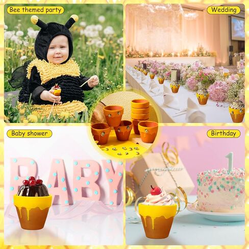 Yungyan 24 Pack Mini Honey Bee Pots مع سحر نحلة لكب كيك الغراس سيراميك عسل الجرار لضيوف استحمام الطفل حفل زفاف أول عيد ميلاد الحفلات (النمط الكلاسيكي) in Kuwait