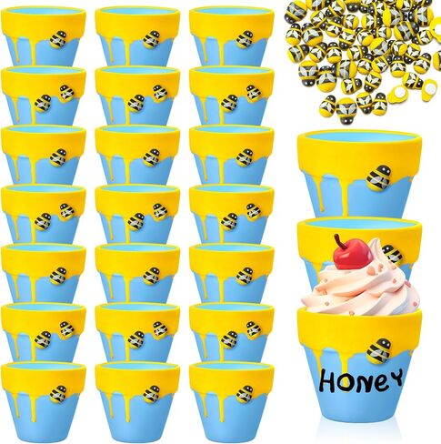 Yungyan 24 Pack Mini Honey Bee Pots مع سحر نحلة لكب كيك الغراس سيراميك عسل الجرار لضيوف استحمام الطفل حفل زفاف أول عيد ميلاد الحفلات (النمط الكلاسيكي) in Kuwait
