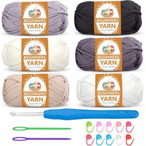 Yarn for Crocheting, Crochet Yarn, Beginners Yarn for Crocheting with Easy-to-See Stitches, Stitch Marker, and Elbow Needle Cotton Yarn for Crochet Light, 87 yd Per Roll (Color 1,Total 300g)