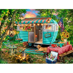 Springbok Home Sweet Home 500 Piece Jigsaw Puzzle - This Colorful Illustration of a Vintage Camper is Ideal for Camping Enthusiasts