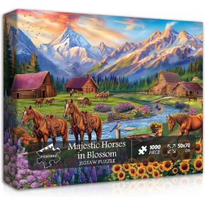 Horse Puzzles for Adults 1000 Piece, Nature Landscape Puzzles Flower Mountain Scenery, Challenging Jigsaw Puzzles with Animals Scenic