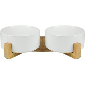 White Ceramic Cat Bowl with Wood Stand No Spill Pet Food Water Feeder Cats Small Dogs