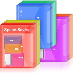 Plastic Wallets A4, 24 Pcs Saving Space Punched Pockets A4 with Snap Button, 6 Colours Document Folder with Label Pocket, 11 Hole Polly Pocket A4 Popper Wallet for Teacher Supplies, Stationery