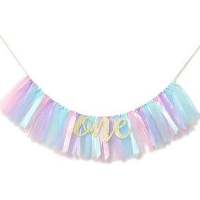Rainbow High Chair Banner Highchair Tutu Skirt Banner First Birthday Baby Shower Hanging Decor Party Decorations, 1 PCS